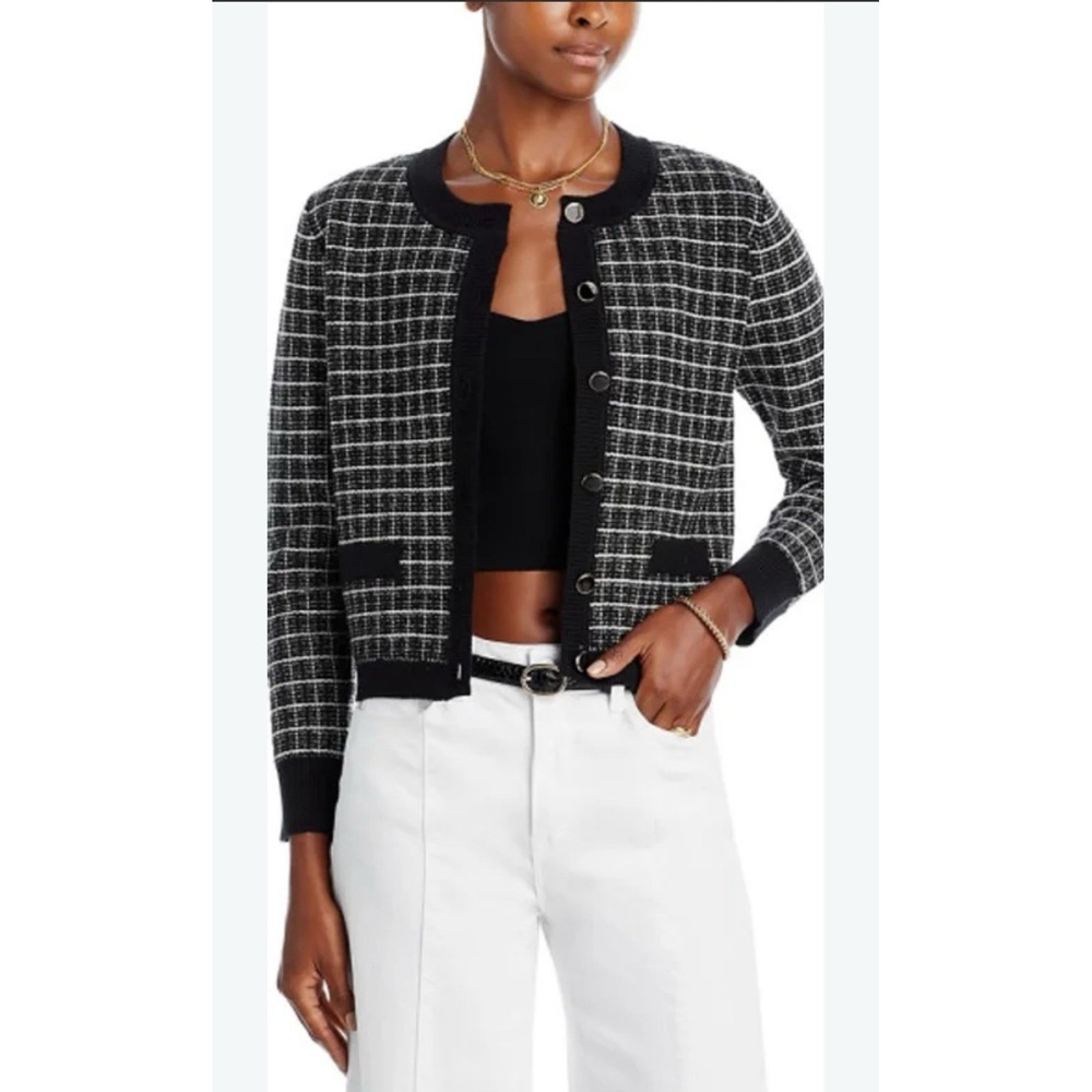 Aqua Tweed Crewneck Cardigan Sz Large Black Wool Blend Preppy Dark Academia